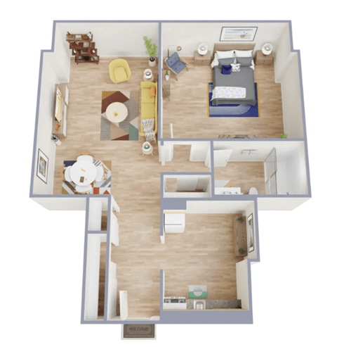 Floor plan for 1 bed, 1 bath, 650 sqft